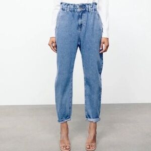 ZARA 100% Cotton Paper Bag Baggy Cropped Jeans Medium Wash US Sz 12